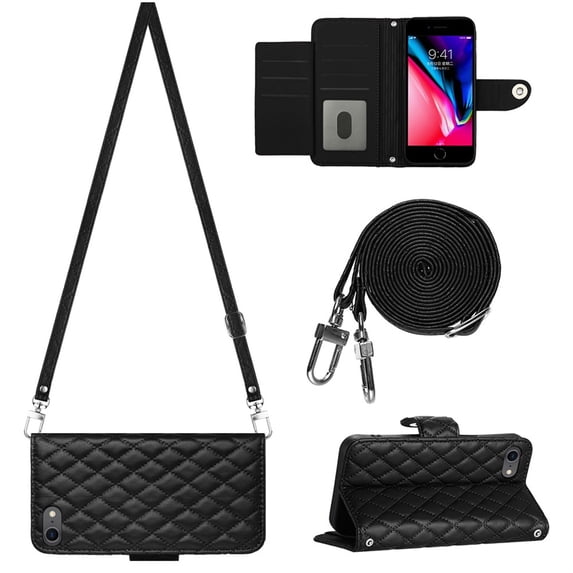 Allytechgroup Wallet Case for iPhone 16e with Card Cash Slots, Luxury Premium PU Leather Kickstand Shoulder Strap Lanyard Shockproof Anti-Fall Full Body Protective Flip Shell, Black