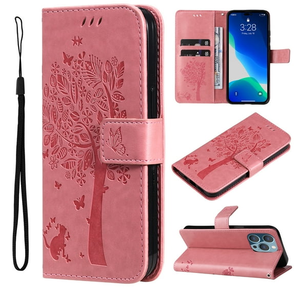 Allytechgroup Wallet Case for iPhone 16e with Card Slots, Embossed Tree&Cat PU Leather and TPU Bumper Anti-Shock Drop Proof Hand Strap Case for iPhone 16e, Pink