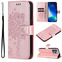 Allytechgroup Wallet Case for iPhone 16e with Card Slots, Embossed Tree&Cat PU Leather and TPU Bumper Anti-Shock Drop Proof Hand Strap Case for iPhone 16e, Rosegold
