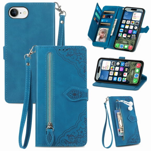 Allytechgroup Wallet Case for iPhone 16e, Embossed Luxury PU Leather Case with Kickstand & Card Slots, Slim Zipper Pocket Detachable Wrist Strap Magnetic Clasp Anti-Drop Case, Blue