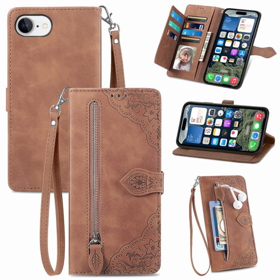 Allytechgroup Wallet Case for iPhone 16e/ iPhone 17e, Embossed Luxury PU Leather Case with Kickstand & Card Slots, Slim Zipper Pocket Detachable Wrist Strap Magnetic Clasp Anti-Drop Case, Brown