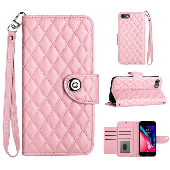 Allytechgroup Wallet Case for iPhone 16e, Luxury PU Leather Shockproof Protective Flip Cover for Women Girls, Kickstand Folio Case with Card Slots Holder Wrist Strap Lanyard, Pink