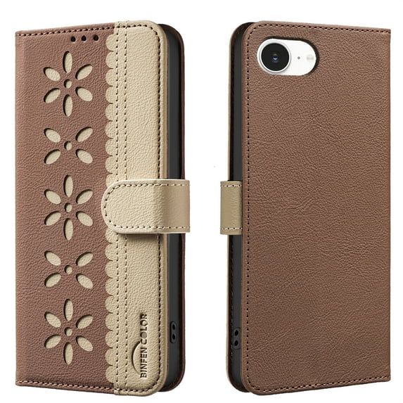 Allytechgroup Wallet Case for iPhone 16e, PU Leather Case with Credit Card Slot Magnetic Closure Floral Cutout Shockproof Protective Back Cover for iPhone 16e, Brown