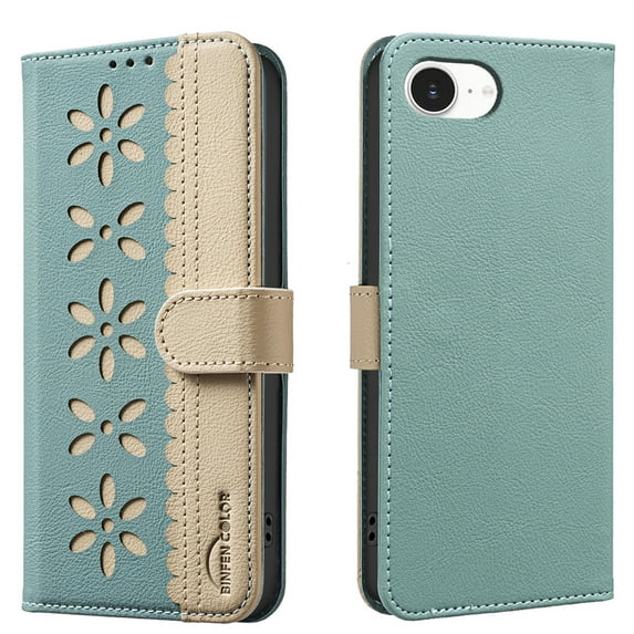 Allytechgroup Wallet Case for iPhone 16e, PU Leather Case with Credit Card Slot Magnetic Closure Floral Cutout Shockproof Protective Back Cover for iPhone 16e, Green