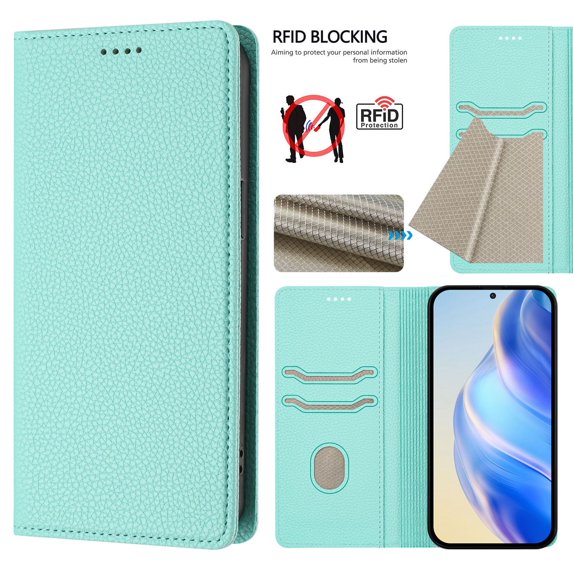 Allytechgroup Wallet Case for iPhone 16e, Premium PU Leather Flip Cover Magnetic Closure Protective Stand RFID Blocking Slim Phone Case Cover for Apple iPhone 16e, Mint