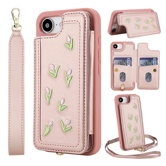 Allytechgroup Wallet Case for iPhone 16e with Shoulder Strap, Slim Stand RFID Blocking PU Leather Shell with Card Holder Shockproof Protective Back Cover for iPhone 17e, Rosegold