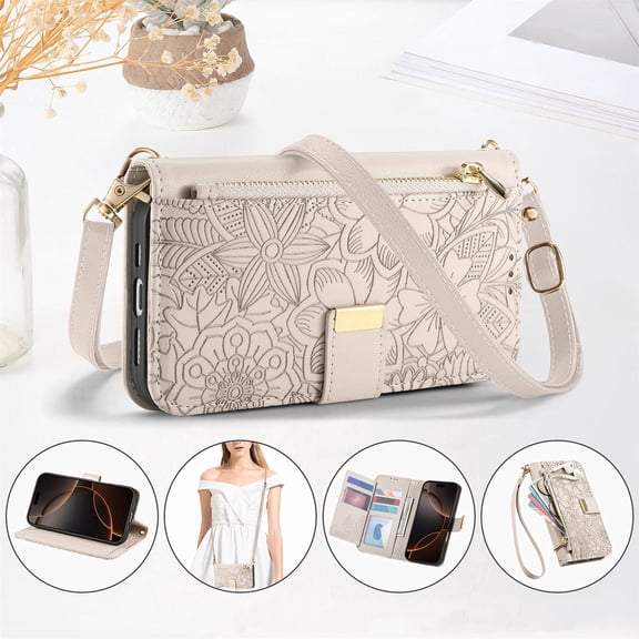 Allytechgroup Wallet Case for iPhone 17e 16e 6.1", Stylish Floral Zipper Pocket Multiple Cards Slots Hand Strap Crossbody Lanyard Flip Cover Stand Phone Case for Apple iPhone 17e 16e,Beige