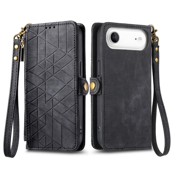 Allytechgroup Wallet Case for iPhone 17 with Card Slots Cash Pocket Wrist Strap, Magnetic Zipper Pocket, Stand PU Leather Soft TPU Back Shockproof Cover, Black