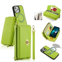 Allytechgroup Wallet Case for iPhone 17 with Card Slots & Zipper Pocket, [RFID Blocking] [Wireless Charging] [Hand Strap & Shoulder Strap & Mirror] PU Leather Protective Magnetic Case, Green