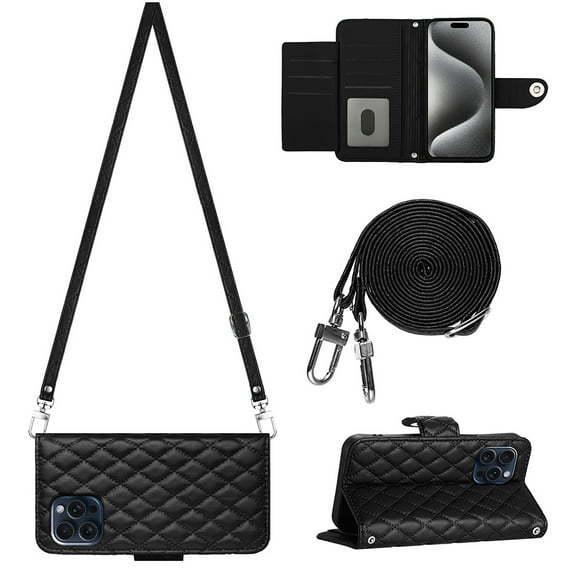 Allytechgroup Wallet Case for iPhone 17 Pro with Card Cash Slots, PU Leather Kickstand Shoulder Strap Lanyard Shockproof Anti-Fall Full Body Protective Flip Shell for Women Girls, Black