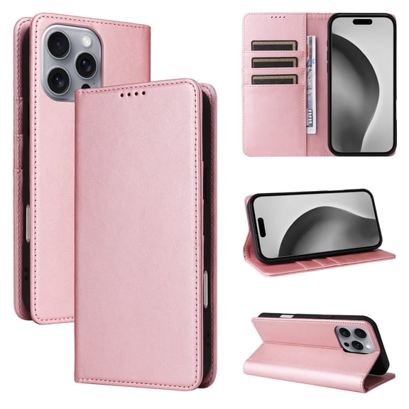 Allytechgroup Wallet Case for iPhone 17 Pro Max, Built-in Credit Card Slot RFID Blocking PU Leather Flip Stand Magnetic Closure Case Military Grade Drop Protection for iPhone 17 Pro Max, Rosegold