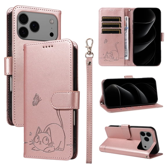 Allytechgroup Wallet Case for iPhone 17 Pro Max, Built-in Wrist Strap & Card Pocket & Cash Slot Slim PU Leather Stand Phone Shell Shockproof Protective Full Body Cover for Women Girls, Rosegold