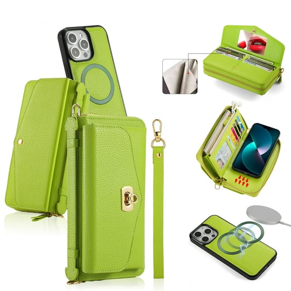 Allytechgroup Wallet Case for iPhone 17 Pro Max with Card Slots & Zipper Pocket, [RFID Blocking] [Wireless Charging] [Hand Strap & Shoulder Strap & Mirror] PU Leather Protective Magnetic Case, Green
