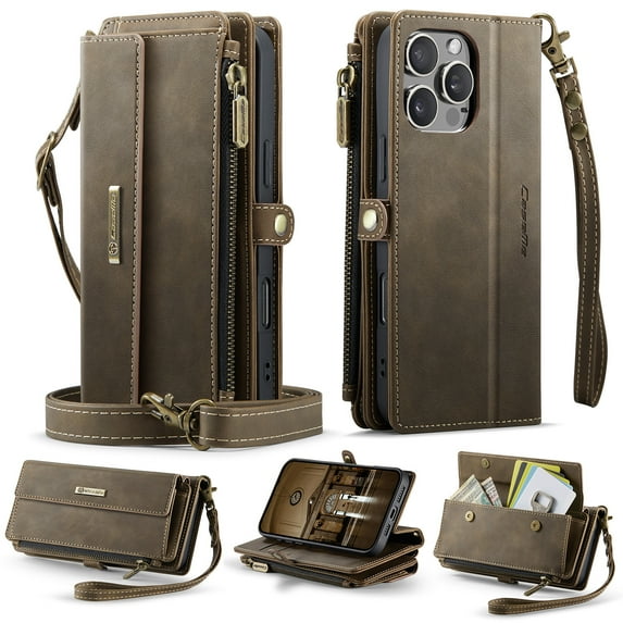 Allytechgroup Wallet Case for iPhone 17 Pro Max with Credit Card Slot, RFID Blocking PU Leather Flip Case with Shoulder Strap Wrist Strap Compatible with MagSafe Shockproof Full Body Cover, Coffee