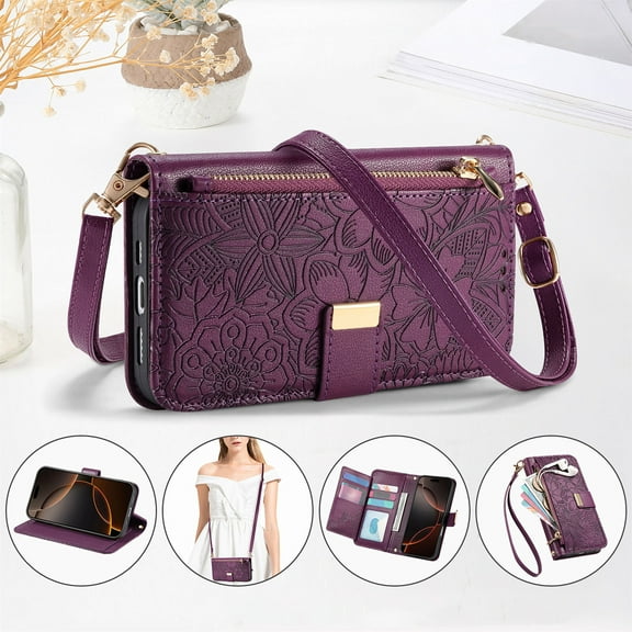 Allytechgroup Wallet Case for iPhone 17 Pro Max, Stylish Floral Zipper Pocket Multiple Cards Slots Hand Strap Crossbody Lanyard Flip Cover Stand Phone Case for Apple iPhone 17 Pro Max,Purple
