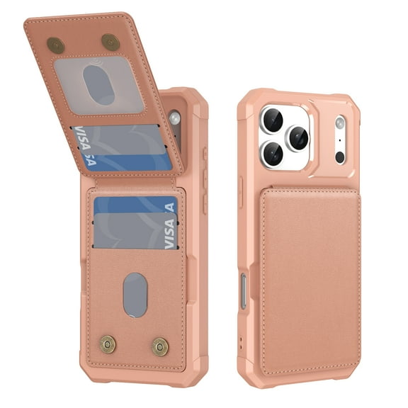 Allytechgroup Wallet Case for iPhone 17 Pro, PU Leather Hard PC Back Cover Shockproof Kickstand Bumper Anti-Slip Magnetic Closure Case Cover for Women Men, Rosegold