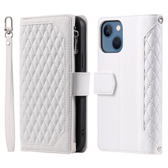 Allytechgroup Wallet Case for iPhone 6s/6, [Card Slots] [Zipper Pocket] [Kickstand Function] Grid Pattern PU Leather Shockproof Magnetic Clasp Case with Wrist Strap & Shoulder Strap, White