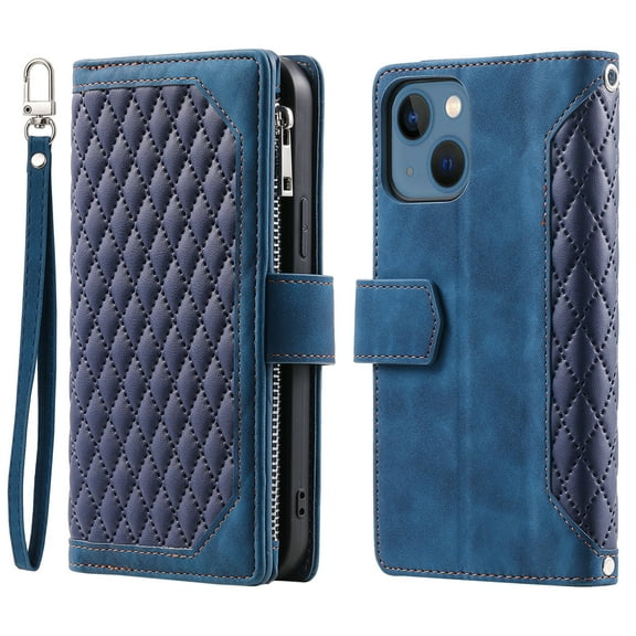 Allytechgroup Wallet Case for iPhone 6s/6, [Card Slots] [Zipper Pocket] [Kickstand Function] Grid Pattern PU Leather Shockproof Magnetic Clasp Case with Wrist Strap & Shoulder Strap, Blue