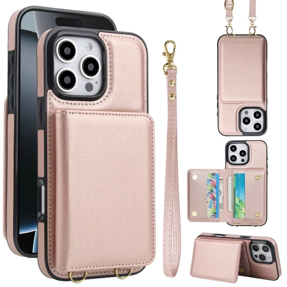 Allytechgroup Wallet Case for iPhone 7 / 8 / SE 2022 & 2020, Built-in Card Holder & Shoulder Strap & Wrist Strap Shockproof Protective Full Body Cover for iPhone 7 / 8 / SE 2022 & 2020, Rosegold
