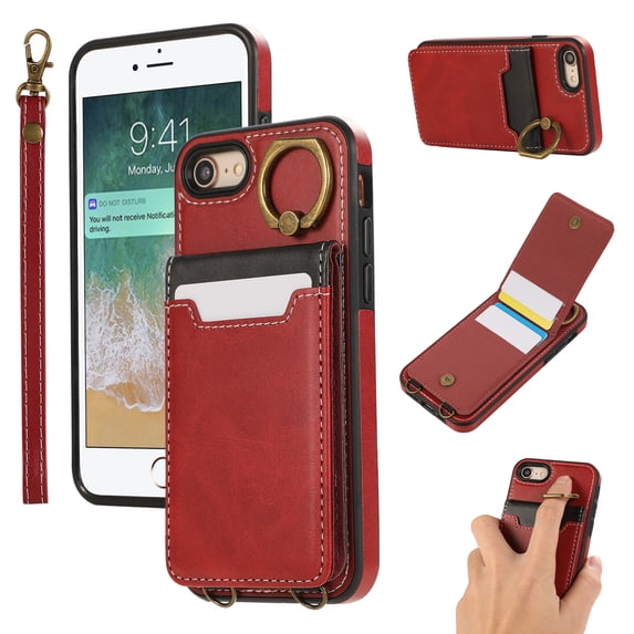 Allytechgroup Wallet Case for iPhone 7 / 8 / SE 2022 & 2020 with Credit Card Slot, RFID Blocking PU Leather Flip Case with Lanyard & Kickstand Shockproof and Anti-Scratch Bumper for Women Girls, Red