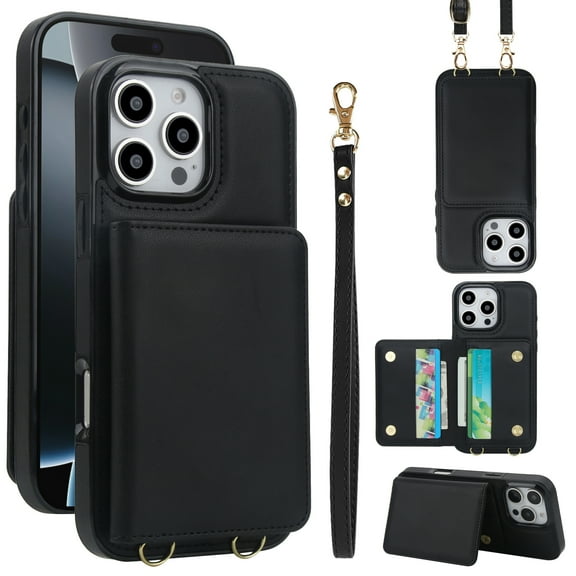 Allytechgroup Wallet Case for iPhone 8 Plus/7 Plus, Built-in Card Holder & Shoulder Strap & Wrist Strap Slim Shockproof Protective Full Body Cover Bumper for iPhone 8 Plus/7 Plus, Black