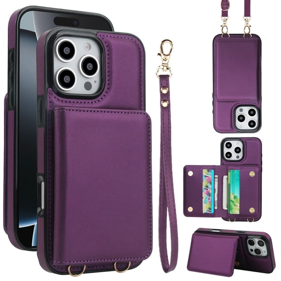 Allytechgroup Wallet Case for iPhone 8 Plus/7 Plus, Built-in Card Holder & Shoulder Strap & Wrist Strap Slim Shockproof Protective Full Body Cover Bumper for iPhone 8 Plus/7 Plus, Deeppurple