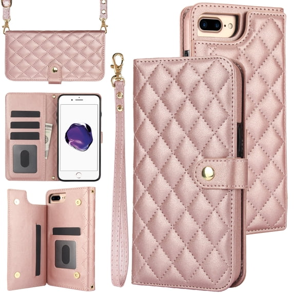 Allytechgroup Wallet Case for iPhone 8 Plus/7 Plus with Credit Card Slot, RFID Blocking PU Leather Case with Lanyard & Shoulder Strap & Kickstand Shockproof Bumper for Women Men, Rosegold