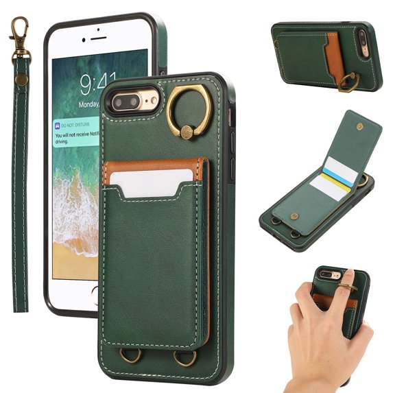 Allytechgroup Wallet Case for iPhone 8 Plus/7 Plus with Credit Card Slot, RFID Blocking PU Leather Flip Case with Lanyard & Kickstand Shockproof and Anti-Scratch Bumper for Women Girls, Green