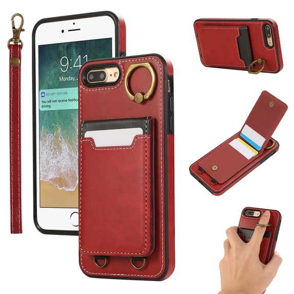 Allytechgroup Wallet Case for iPhone 8 Plus/7 Plus with Credit Card Slot, RFID Blocking PU Leather Flip Case with Lanyard & Kickstand Shockproof and Anti-Scratch Bumper for Women Girls, Red