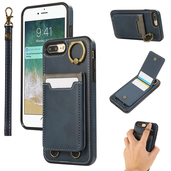 Allytechgroup Wallet Case for iPhone 8 Plus/7 Plus with Credit Card Slot, RFID Blocking PU Leather Flip Case with Lanyard & Kickstand Shockproof and Anti-Scratch Bumper for Women Girls, Blue