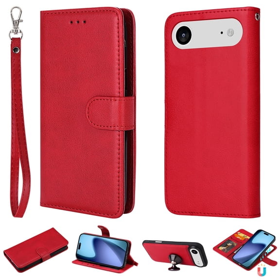 Allytechgroup Wallet Case for iPhone Air with Wrist Strap, Built-in Card Holder Slim PU Leather Stand Protective Rugged Non-Slip Shokcproof Full Body Cover for iPhone Air, Red