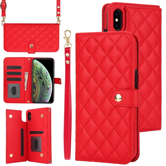 Allytechgroup Wallet Case for iPhone XR with Credit Card Slot, RFID Blocking PU Leather Case with Lanyard & Shoulder Strap & Kickstand Shockproof Bumper for Women Men, Red