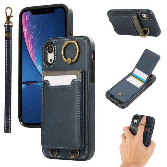 Allytechgroup Wallet Case for iPhone XR with Credit Card Slot, RFID Blocking PU Leather Flip Case with Lanyard & Kickstand Shockproof and Anti-Scratch Bumper for Women Girls, Blue