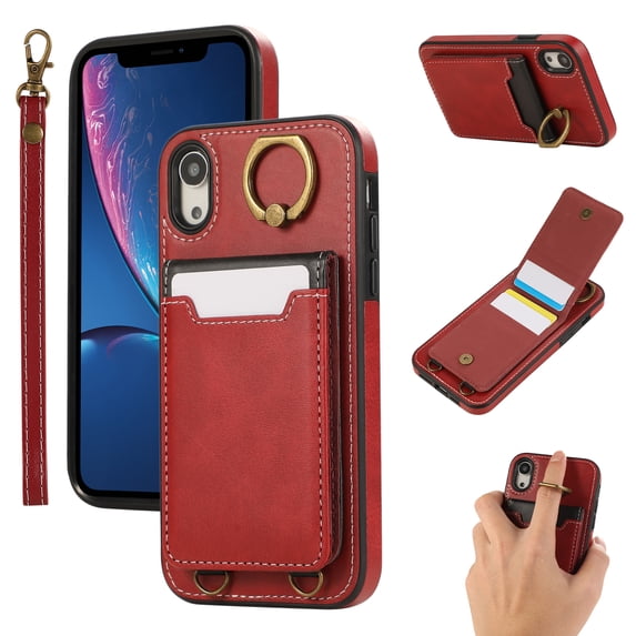 Allytechgroup Wallet Case for iPhone XR with Credit Card Slot, RFID Blocking PU Leather Flip Case with Lanyard & Kickstand Shockproof and Anti-Scratch Bumper for Women Girls, Red
