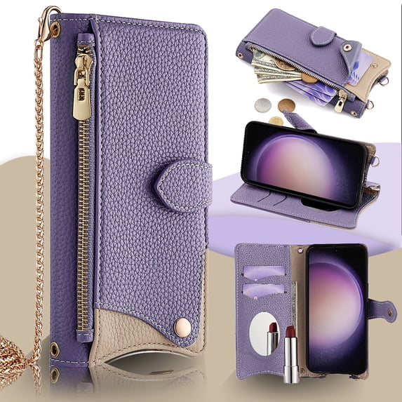 Allytechgroup Wallet Case for iPhone XR with Makeup Mirror, Detachable Metal Shoulder Strap Cards Slots Zipper Pocket Shockproof Protective Phone Case for iPhone XR, Purple