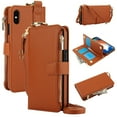 thumbnail image 1 of Allytechgroup Wallet Case for iPhone XR, RFID Blocking Multiple Cards Holder Zipper Pocket Hand Strap Shockproof Stand Phone Case with Crossbody Lanyard for Women Girls, Brown, 1 of 7