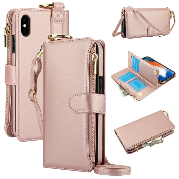 Allytechgroup Wallet Case for iPhone XS Max, RFID Blocking Multiple Cards Holder Zipper Pocket Hand Strap Shockproof Stand Phone Case with Crossbody Lanyard for Women Girls, Rosegold