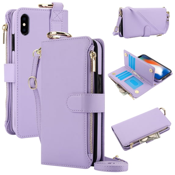 Allytechgroup Wallet Case for iPhone XS Max, RFID Blocking Multiple Cards Holder Zipper Pocket Hand Strap Shockproof Stand Phone Case with Crossbody Lanyard for Women Girls, Violet