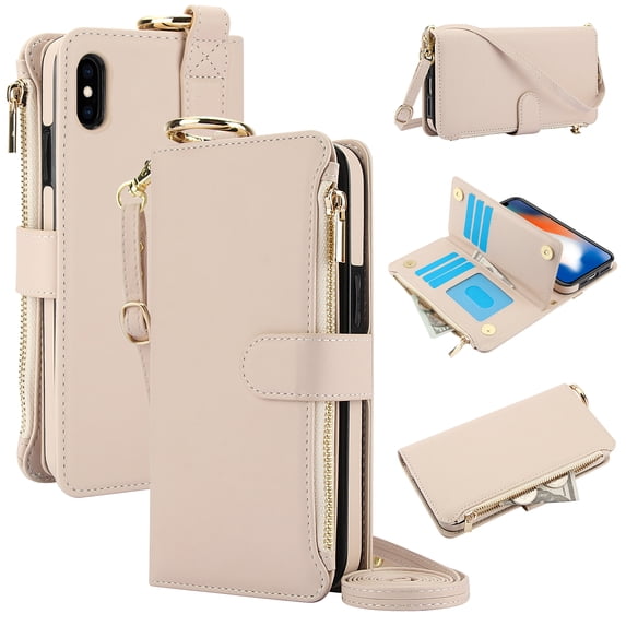 Allytechgroup Wallet Case for iPhone XS Max, RFID Blocking Multiple Cards Holder Zipper Pocket Hand Strap Shockproof Stand Phone Case with Crossbody Lanyard for Women Girls, White