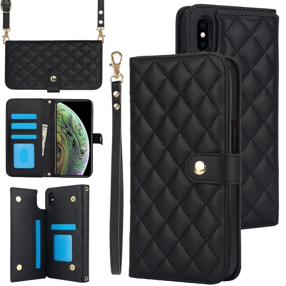 Allytechgroup Wallet Case for iPhone XS/X with Credit Card Slot, RFID Blocking PU Leather Case with Lanyard & Shoulder Strap & Kickstand Shockproof Bumper for Women Men, Black