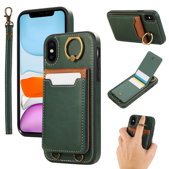 Allytechgroup Wallet Case for iPhone XS/X with Credit Card Slot, RFID Blocking PU Leather Flip Case with Lanyard & Kickstand Shockproof and Anti-Scratch Bumper for Women Girls, Green