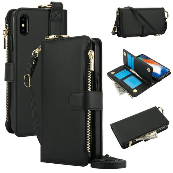 Allytechgroup Wallet Case for iPhone XS/X, RFID Blocking Multiple Cards Holder Zipper Pocket Hand Strap Shockproof Stand Phone Case with Crossbody Lanyard for Women Girls, Black