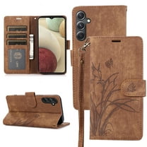 Allytechgroup Wallet Flip Case for Samsung Galaxy A16 5G with Orchid Butterflies Embossed Pattern, Premium PU Leather Kickstand Magnetic Clasp Shockproof Case with Card Holder & Wrist Strap, Brown