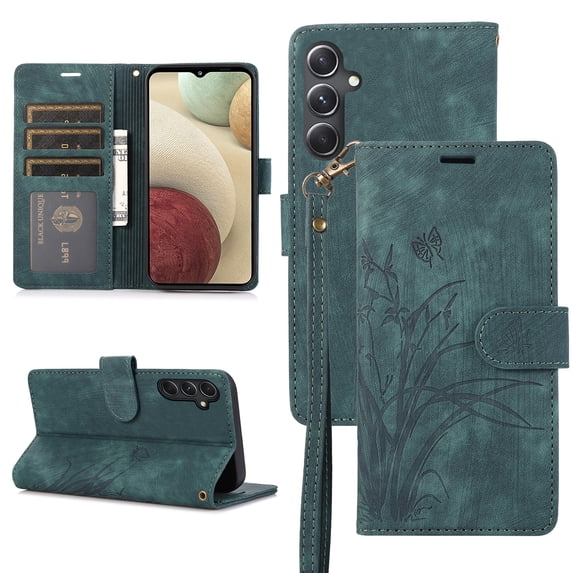 Allytechgroup Wallet Flip Case for Samsung Galaxy A26 5G with Orchid Butterflies Embossed Pattern, Premium PU Leather Kickstand Magnetic Clasp Shockproof Case with Card Holder & Wrist Strap, Green