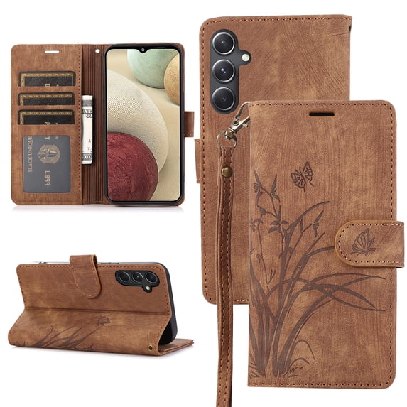 Allytechgroup Wallet Flip Case for Samsung Galaxy A26 5G with Orchid Butterflies Embossed Pattern, Premium PU Leather Kickstand Magnetic Clasp Shockproof Case with Card Holder & Wrist Strap, Brown