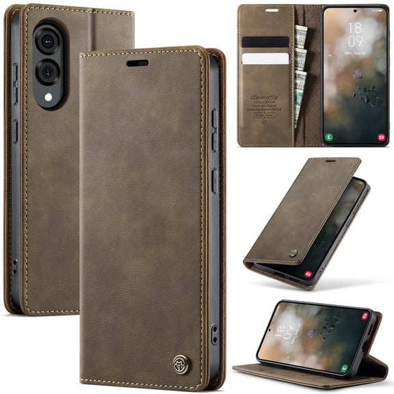 Allytechgroup Wallet Flip Case for Samsung Galaxy S25, Built-in Cash Slot & Card Holder PU Leather Stand Shell Lightweight Non-Slip Shockproof Protective Bumper for Women Men, Coffee