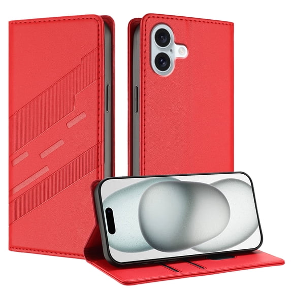 Allytechgroup Wallet Flip Case for iPhone 16 with Credit Card Slot, RFID Blocking PU Leather Slim Phone Case Shockproof Full Body Protection for iPhone 16 Women Men, Red