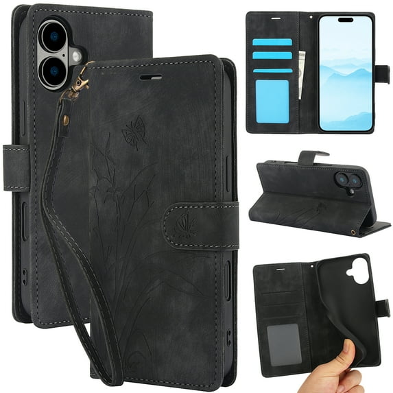 Allytechgroup Wallet Flip Case for iPhone 16 with Orchid Butterflies Embossed Pattern, Premium PU Leather Kickstand Magnetic Clasp Shockproof Case with Card Holder & Wrist Strap, Black