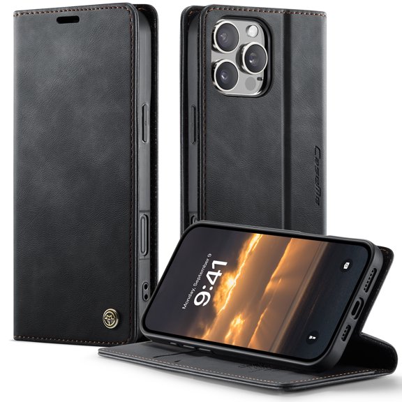 Allytechgroup Wallet Flip Case for iPhone 16 Pro Max, Built-in Cash Slot & Card Holder PU Leather Stand Shell Lightweight Non-Slip Shockproof Protective Bumper for Women Men, Black