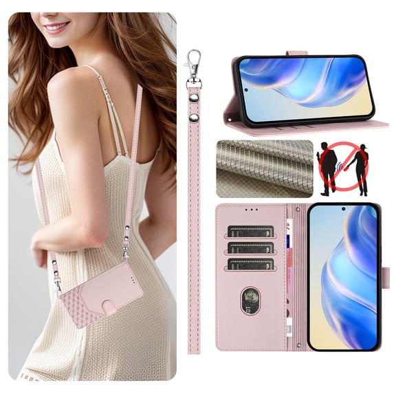 Allytechgroup Wallet Phone Case for Apple iPhone 11 Pro, RFID Blocking Crossbody Shoulder Strap + Hand Wrist Flip Cover Stand Credit Cards Holder Protective Case for Girls Women, Pink